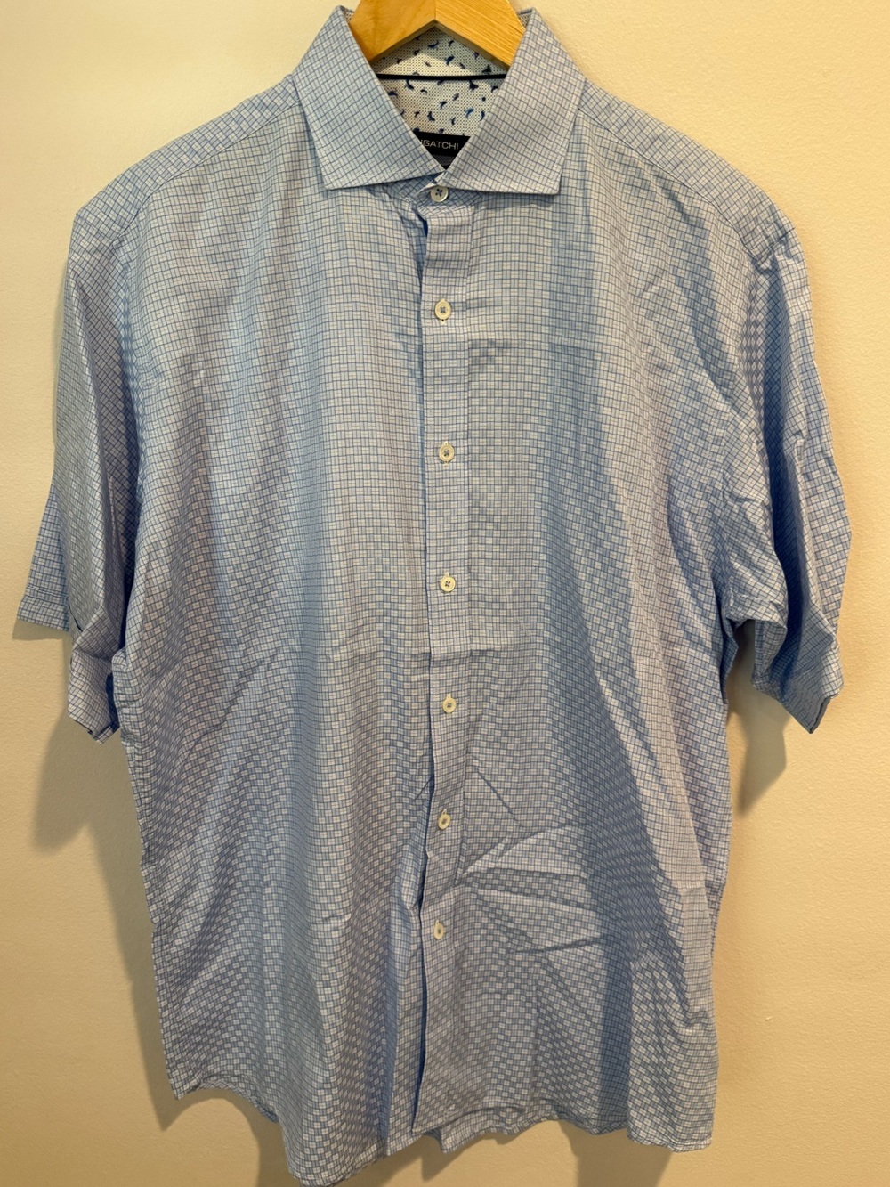 Bugatchi Classic Fit Blue Geometric Check Short Sleeve Button Front Shirt Large